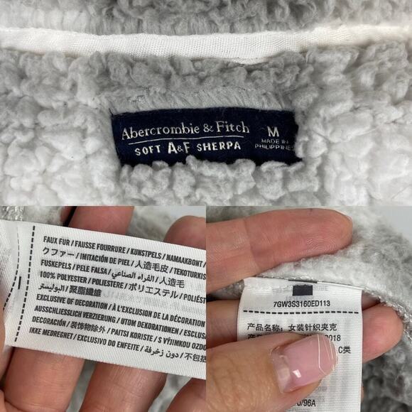 A&F Sherpa Check Fleece Plaid Full Zip Jacket Coat Gray and White Size Medium - Picture 14 of 16